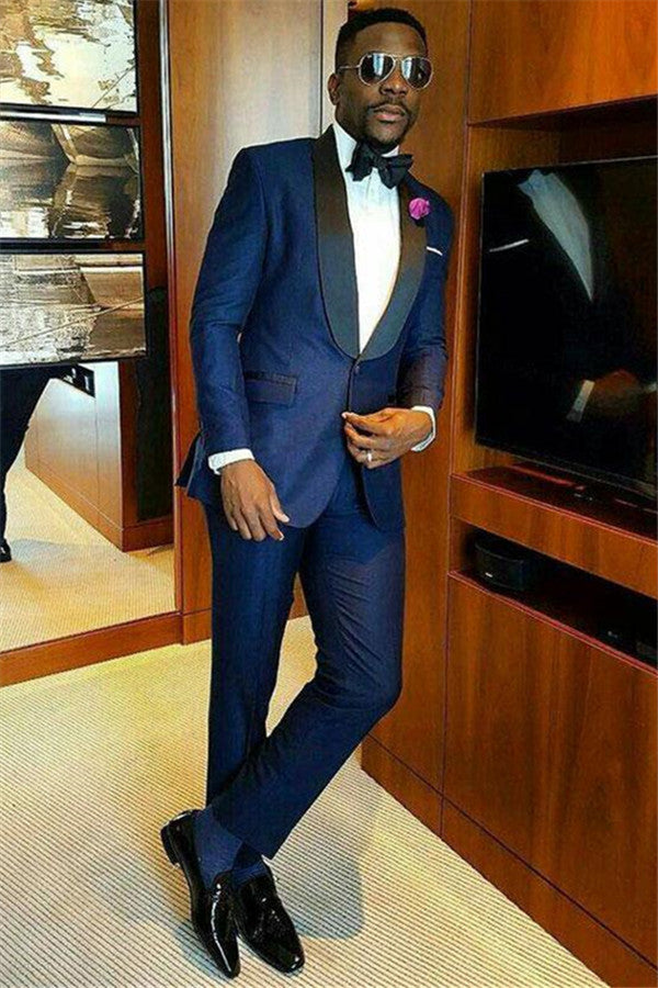 Amazing Navy Blue Gorgeous Bespoke Shawl Lapel Wedding Groom Suits Online