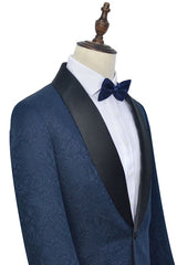 Amazing Navy Blue Mens Suits for Weddings Jacquard Black Silk Shawl Lapel Prom Suits