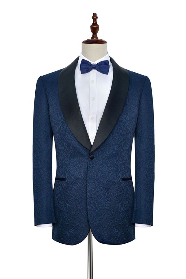 Amazing Navy Blue Mens Suits for Weddings Jacquard Black Silk Shawl Lapel Prom Suits