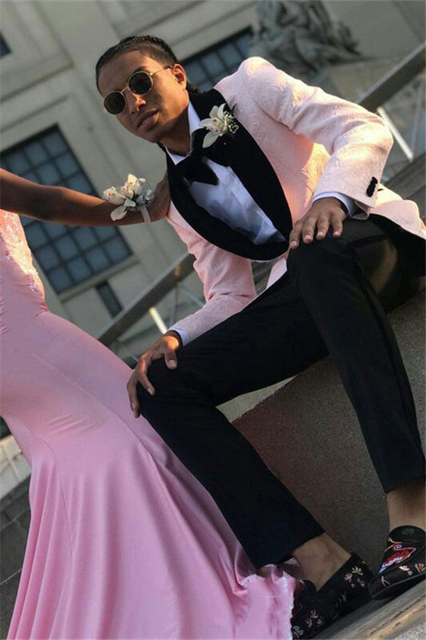 Amazing Pink Jacquard Men Suit One Button Prom Suit with Shawl Lapel