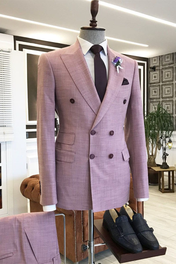 Amazing Pink Peaked Lapel Double Breasted 3 Flaps Prom Suits For Men