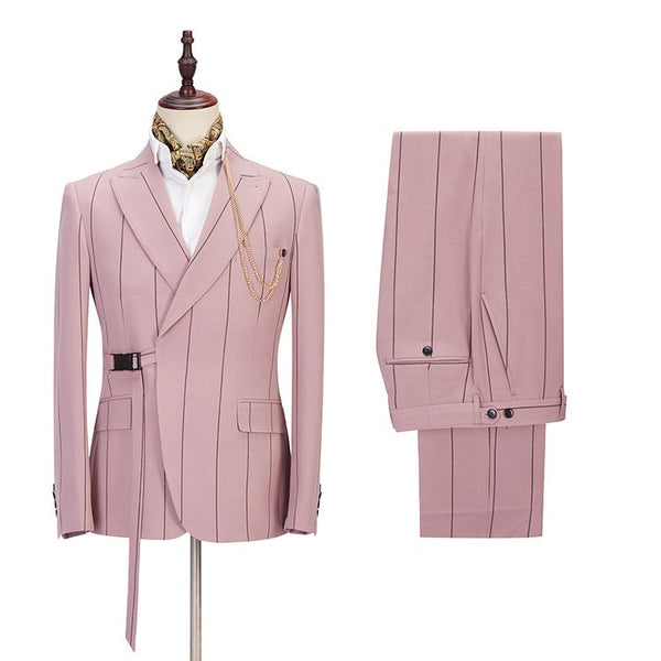 Amazing Pink Striped Peaked Lapel Fitted Men Suits Online