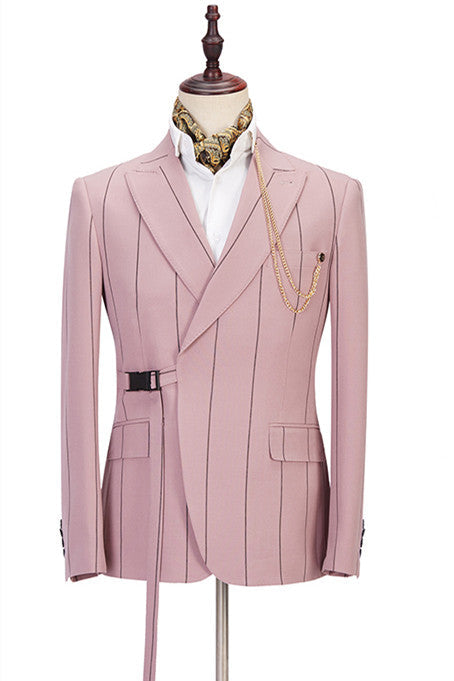 Amazing Pink Striped Peaked Lapel Fitted Men Suits Online