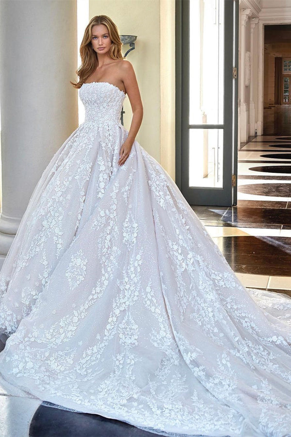 Amazing Princess Sleeveless Appliques Wedding Gown Lace Appliques