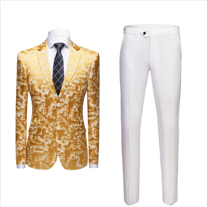 Amazing Printed Bright Gold Notched Lapel Men's Suits for Prom