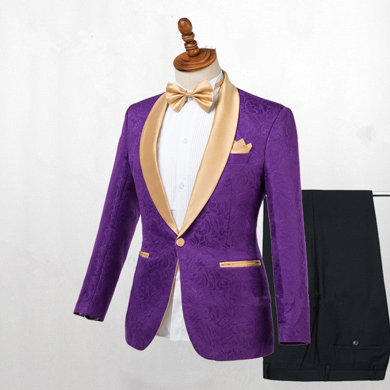 Amazing Purple One Button Gold Lapel Wedding Men Suit Online