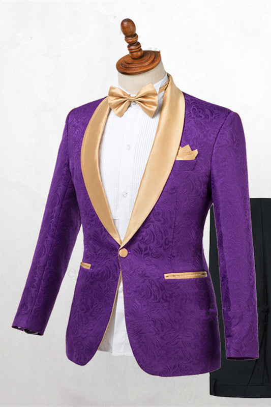 Amazing Purple One Button Gold Lapel Wedding Men Suit Online