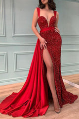 Amazing Red Beadings Mermaid Prom Dress Split With Ruffles Sequins