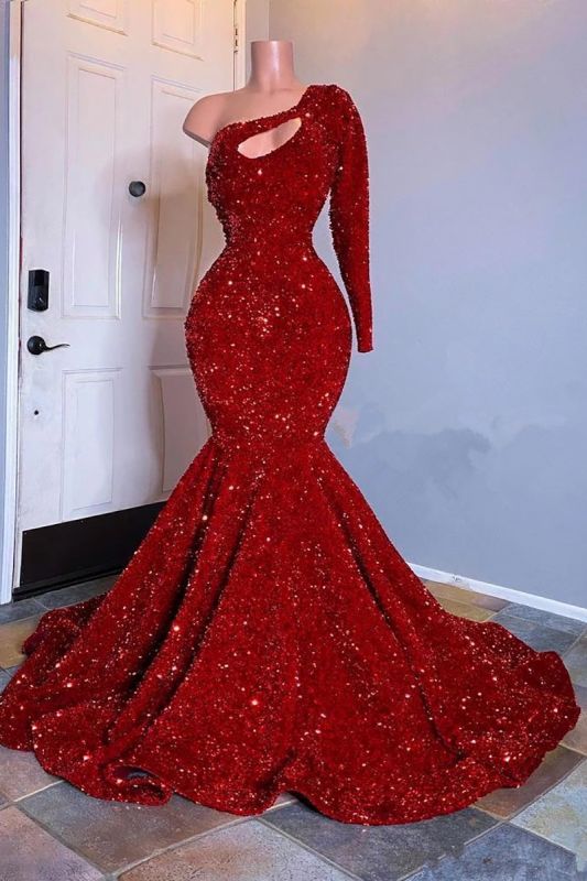 Amazing Red Long Sleeves Prom Dress One-Shoulder Mermaid With Sequins