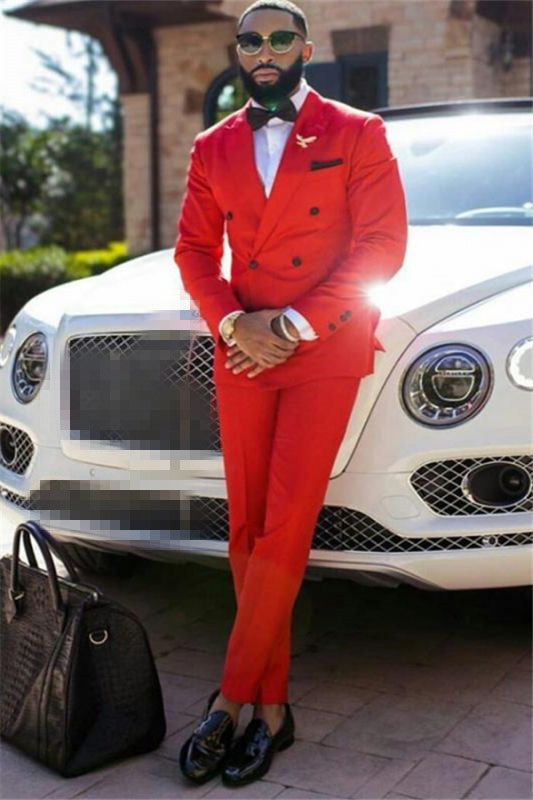Amazing Red Peaked Lapel Double Breasted Formal Men's Business Suitss