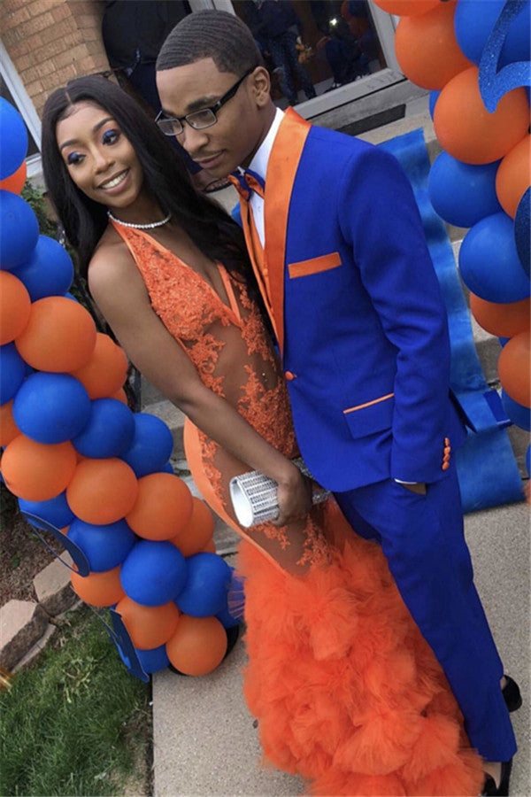 Amazing Royal Blue Prom Suit Online Slim Fit Men Suit with Orange Lapel