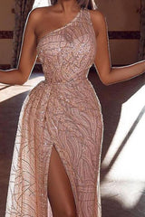 Amazing Sequins Prom Dress Long Slit On Sale One Shouder