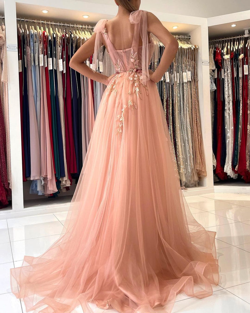 Amazing Straps Tulle Evening Dress Long With Split Sweetheart
