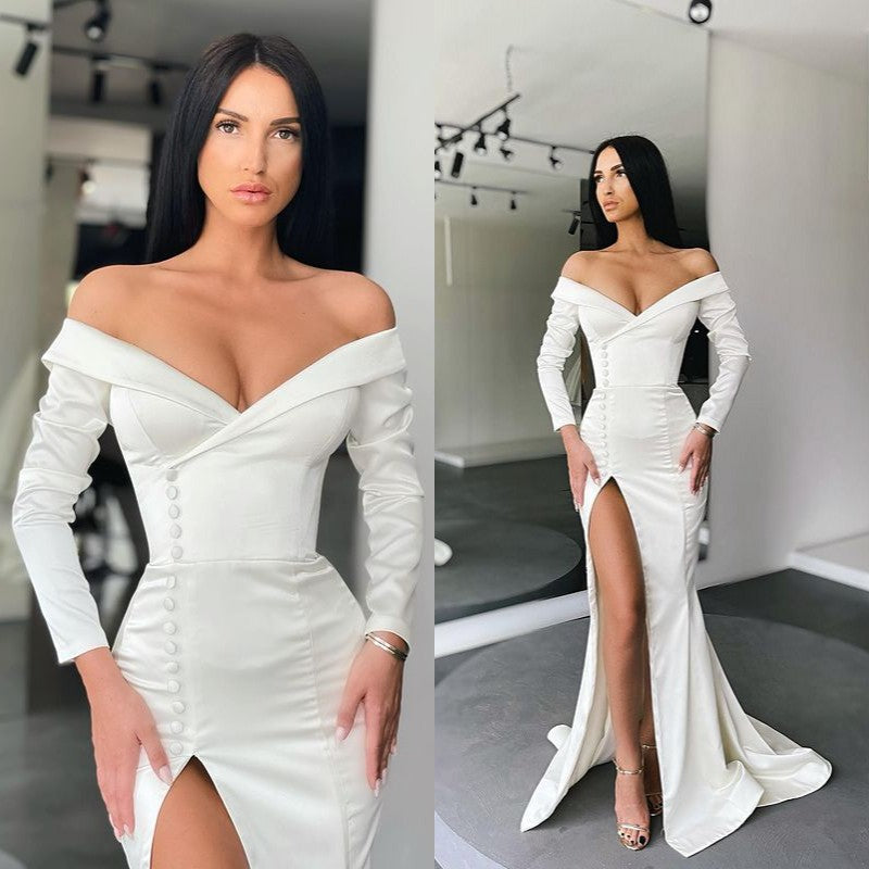 Amazing White Mermaid Evening Dress Off-the-shoulder Split Prom Gown Long Sleeves
