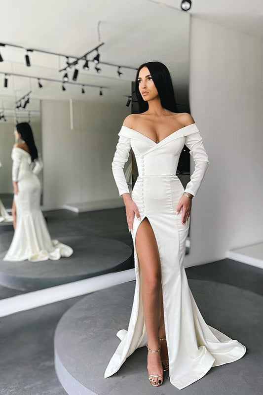 Amazing White Mermaid Evening Dress Off-the-shoulder Split Prom Gown Long Sleeves