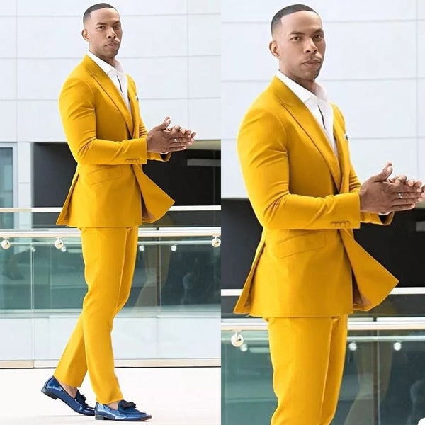 Amazing Yellow Double Breasted Peaked Lapel Men's Prom Suits Online