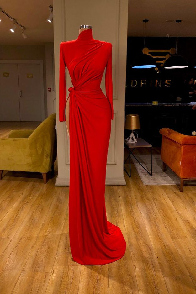 AmazingLong Sleeve Red Prom Dress Long With Split High Neck