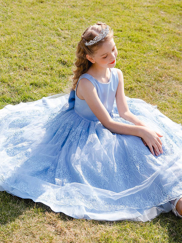 Baby Blue Jewel Neck Sleeveless Bows Lace Tulle Polyester Kids Social Party Dresses