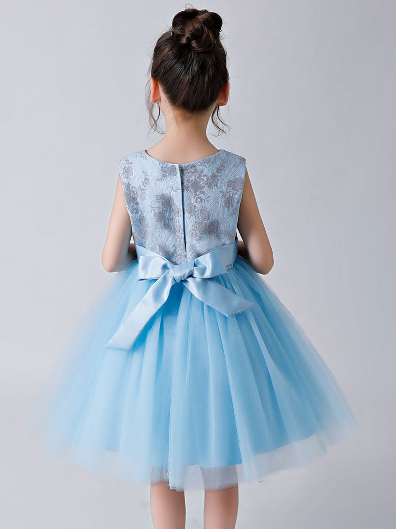 Baby Blue Jewel Neck Sleeveless Bows Tulle Polyester Kids Party Dresses