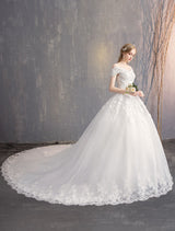 Ball Gown Princess Wedding Dresses Ivory Lace Beaded Chains Off The Shoulder Bridal Dress