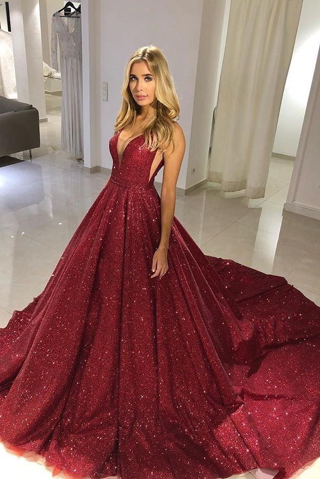 Ball Gown Sexy Deep V-Neck Spaghetti-Straps Floor Length Court Paillette Prom Dress
