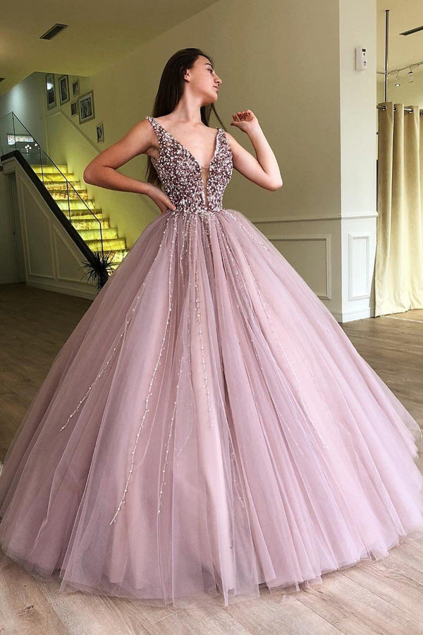 Ball Gown Sexy Deep V-Neck Wide Strap Floor Length Tulle Beadings Prom Dress
