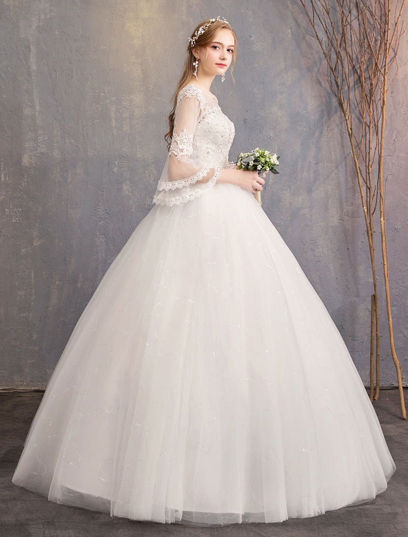 Ball Gown Wedding Dresses Tulle Jewel 3/4 Length Sleeve Long Princess Bridal Gown