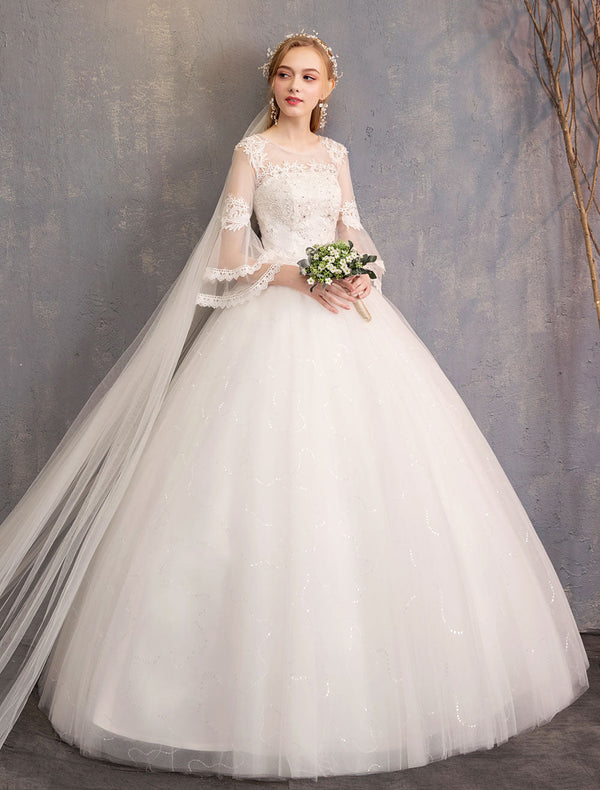 Ball Gown Wedding Dresses Tulle Jewel 3/4 Length Sleeve Long Princess Bridal Gown