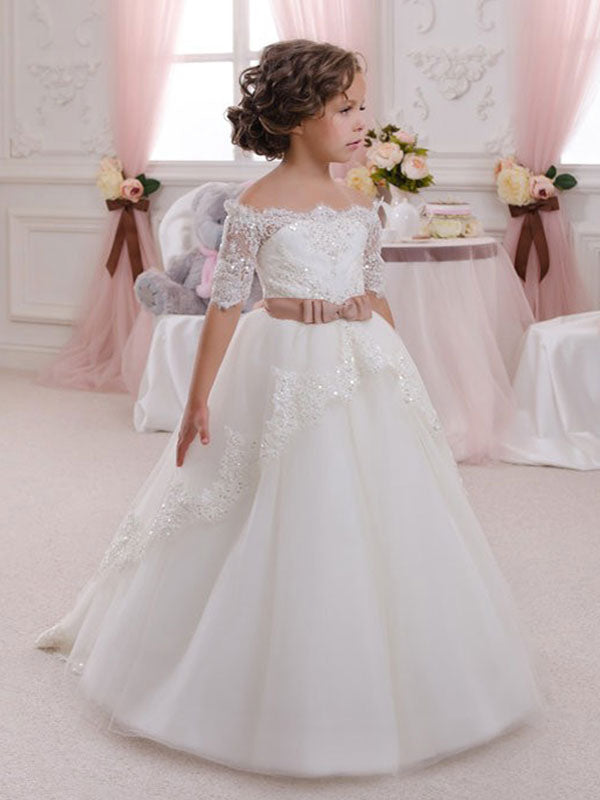 Bateau Neck Lace Half Sleeves Ankle Length Princess Bows Kids Formal Pageant Dresses