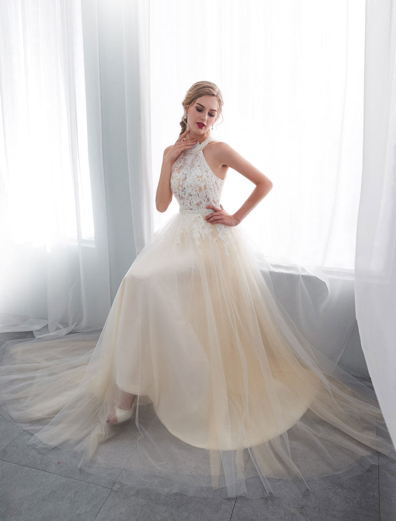 Beach Wedding Dresses Halter Champagne Lace Tulle Beaded Flowers Bridal Gowns With Train