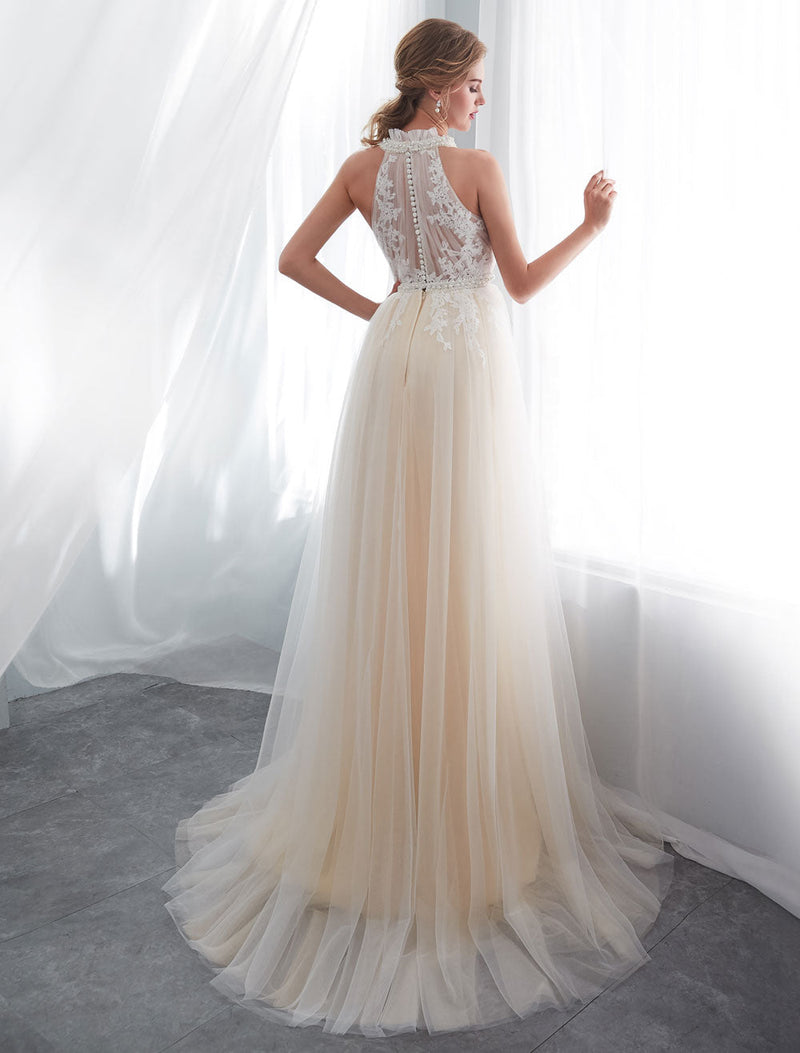 Beach Wedding Dresses Halter Champagne Lace Tulle Beaded Flowers Bridal Gowns With Train