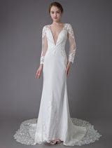 Beach Wedding Dresses Ivory Lace Chic V-Neck Long Sleeve Mermaid Bridal Gown With Train Exclusive