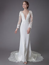 Beach Wedding Dresses Ivory Lace Chic V-Neck Long Sleeve Mermaid Bridal Gown With Train Exclusive
