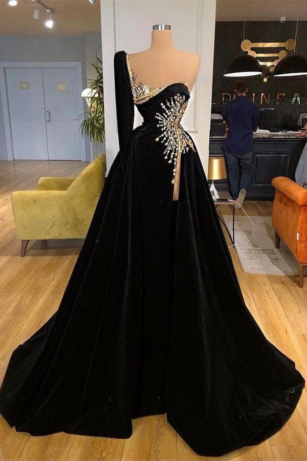 Beading Sweetheart A-line Black Prom Dress With One Sleeve