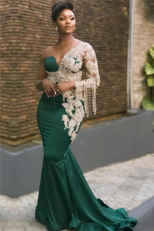 Beadings Chiffon Green Long Mermaid Prom Dress One Shoulder With Long Sleeves On One Side