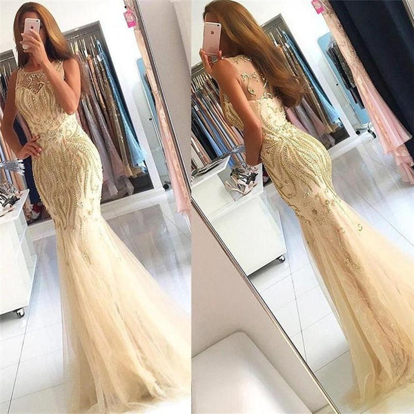 Beadings Crystals Mermaid Tulle Chic Evening Gown Champagne Affordable Formal Dresses