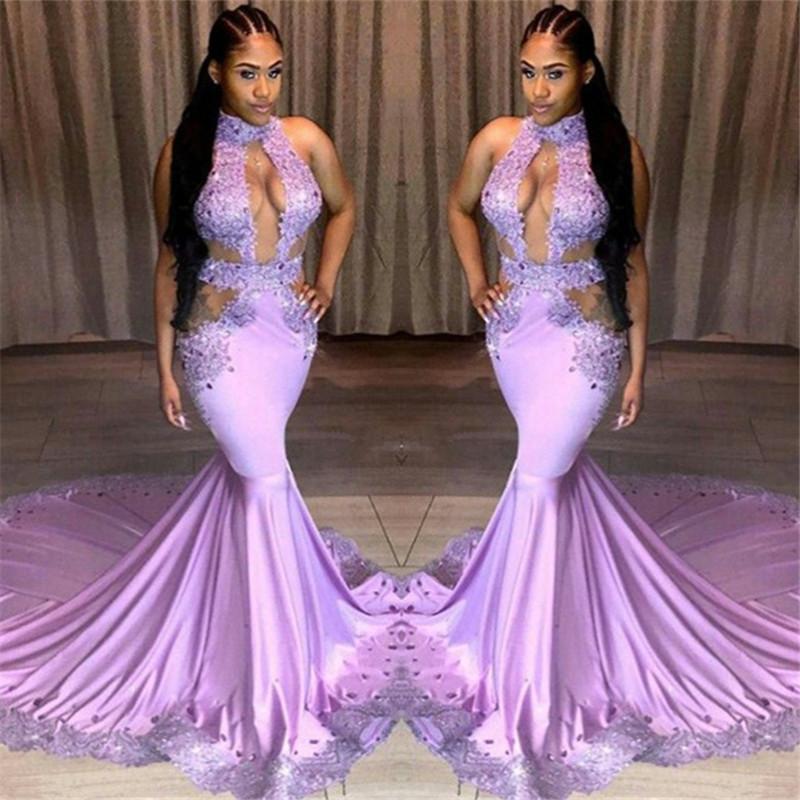 Beautiful Halter Sleeveless Sequins Appliques Lace Mermaid Prom Dresses