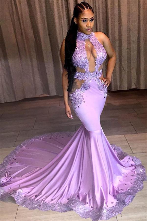 Beautiful Halter Sleeveless Sequins Appliques Lace Mermaid Prom Dresses
