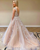 Beautiful Lace Prom Dress Long Tulle Evening Ball Dresses Cap Sleeve