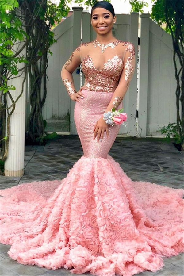 Beautiful Round Neck Sequins Mermaid Long Sleeves Tulle Prom Dresses