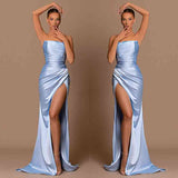 Beautiful Sky Blue Strapless Mermaid Prom Dresses Long Split