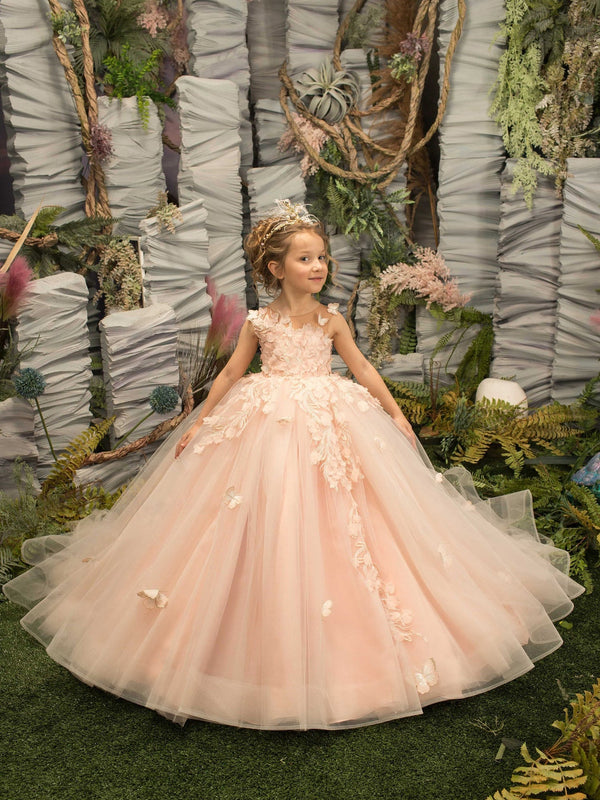 Beautiful Sleeveless Tulle Flower Girls Dress With Appliques Ball Gown