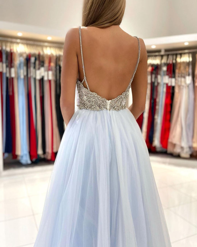 Beautiful Sweetheart Prom Dress Long Backless Tulle Evening Gowns