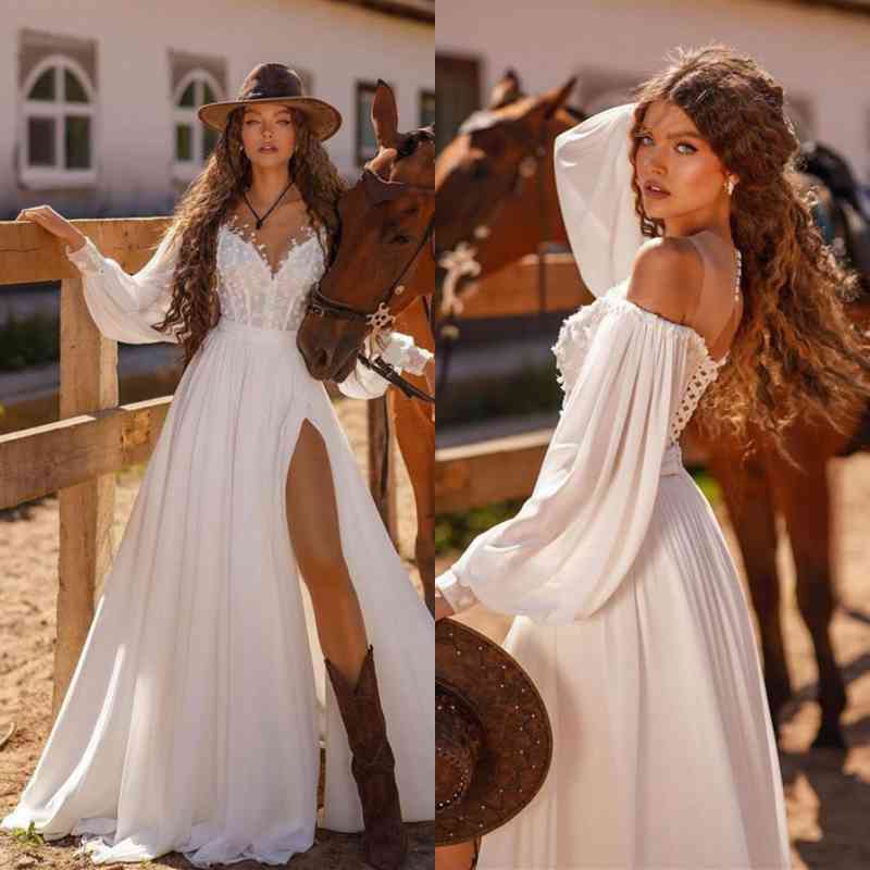 Beautiful White Long Sleeves Prom Dresses Slit Long With Lace Appliques