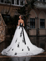 Black A-Line Wedding Dress Strapless Black Applique Sash Tulle Satin Fabric Wedding Gown Exclusive