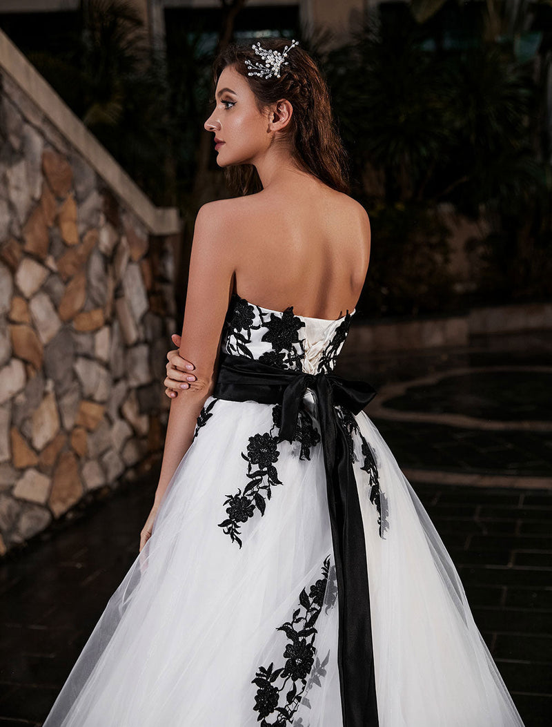 Black A-Line Wedding Dress Strapless Black Applique Sash Tulle Satin Fabric Wedding Gown Exclusive