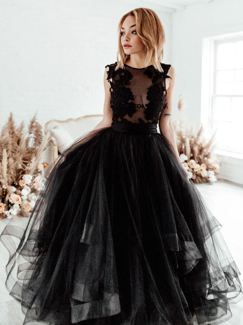 Black Bridal Dress A-Line Illusion Neckline Sleeveless Sexy Backless Applique Long Lace Tulle Bridal Gowns