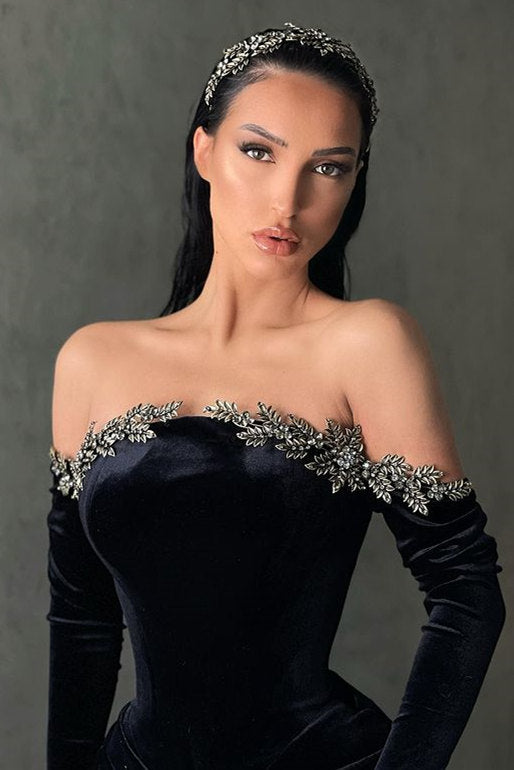 Black High-split Velvet Mermaid Prom Dress Off-the-shoulder