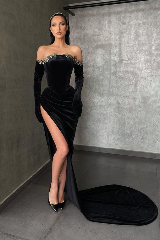 Black High-split Velvet Mermaid Prom Dress Off-the-shoulder