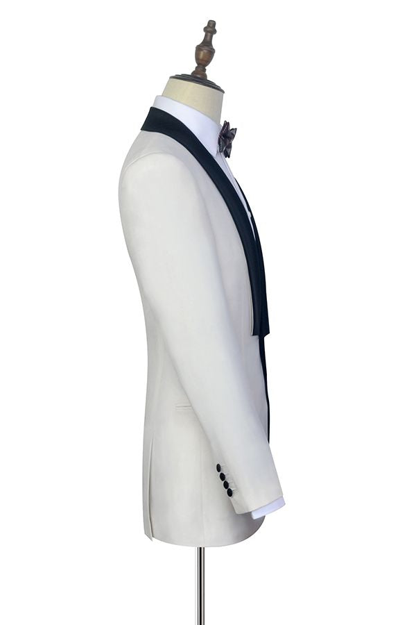 Black Knife Collar Gorgeous White Wedding Suits for Men One Button Wedding Tuxedos